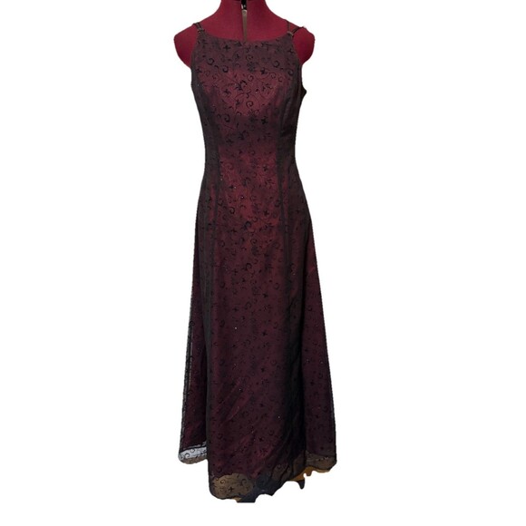 VTG Betsy & Adams Velvet Floral Glitter Overlay Prom Dress Size 6 Burgundy Y2K - Picture 1 of 16